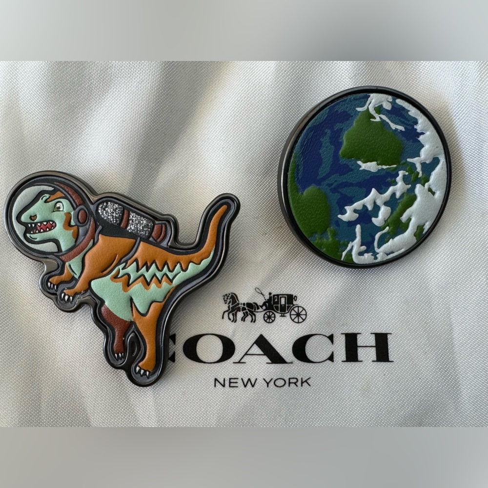 Coach Jetpack Rexy Pin and Planet Earth Pin - Genuine Leather - LIMITED EDITION